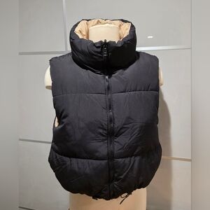 Reversible Two-Color Puffer Vest, Black/Tan